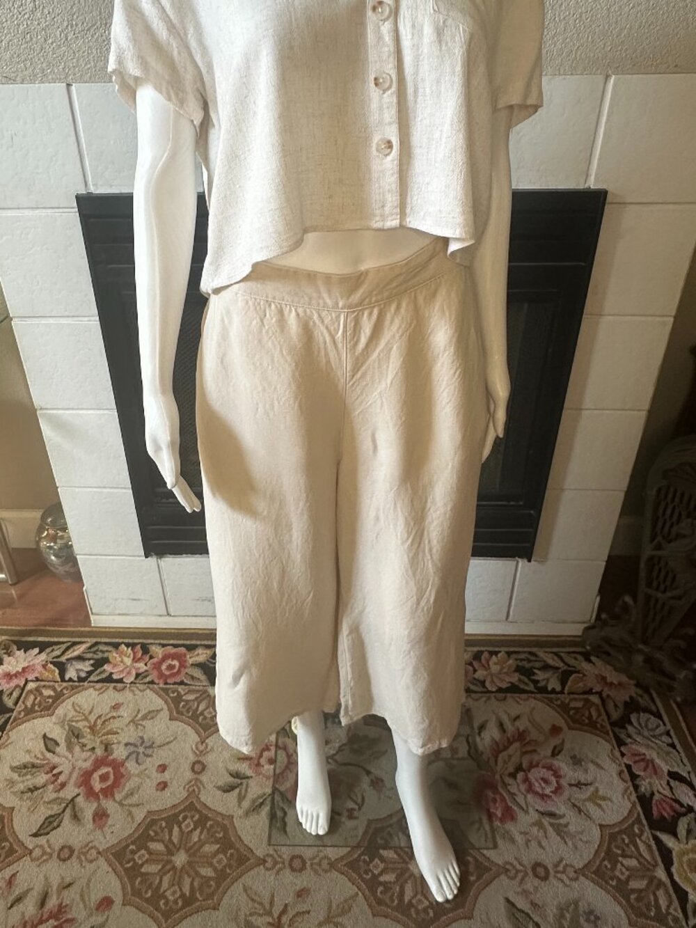 Joie Womens beige Linen capri Wide Leg Pants medium Elastic waist Coastal